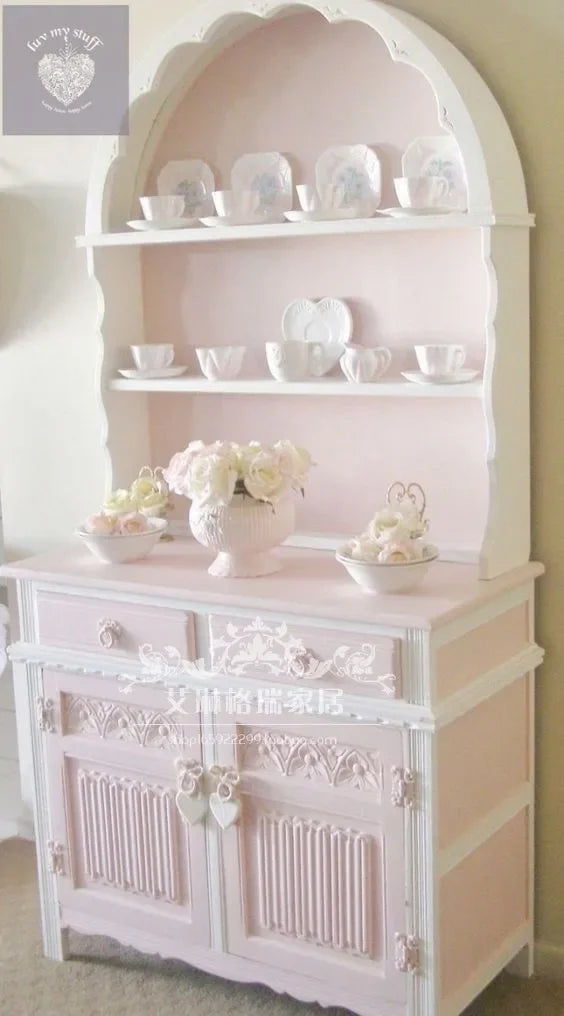 French Solid Wood Carving Flower Bookcase Dining Side Pink Princess Cabinet