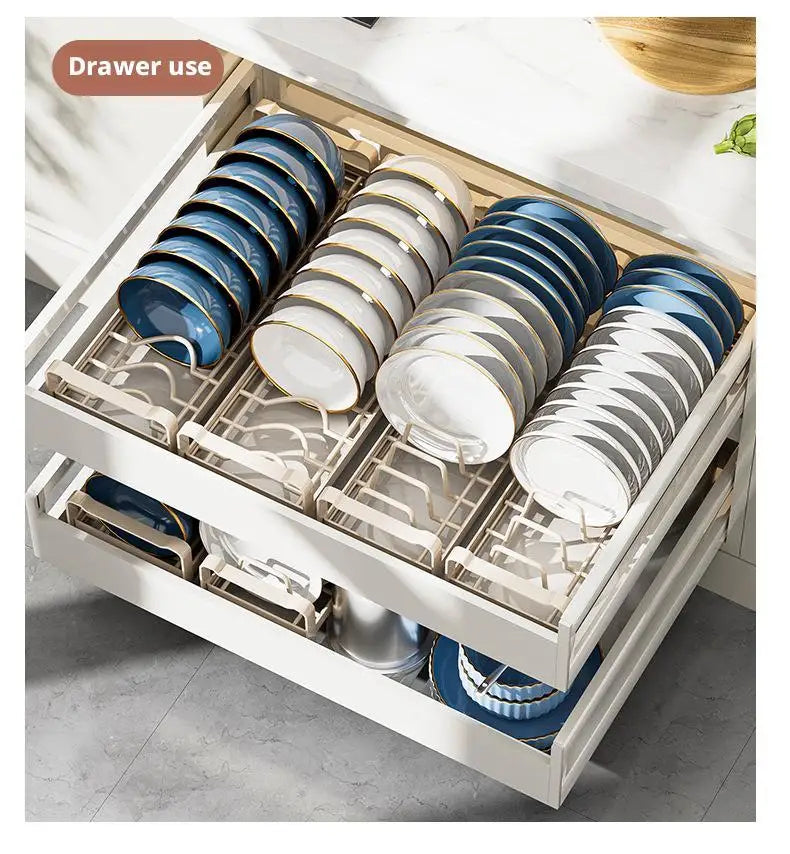 Pull Out Cabinet Dish Storage Rack Stainless Steel Plate Drain Stand Holder Kitchen Drawer Built-in Bowl Rack Basket Organizer