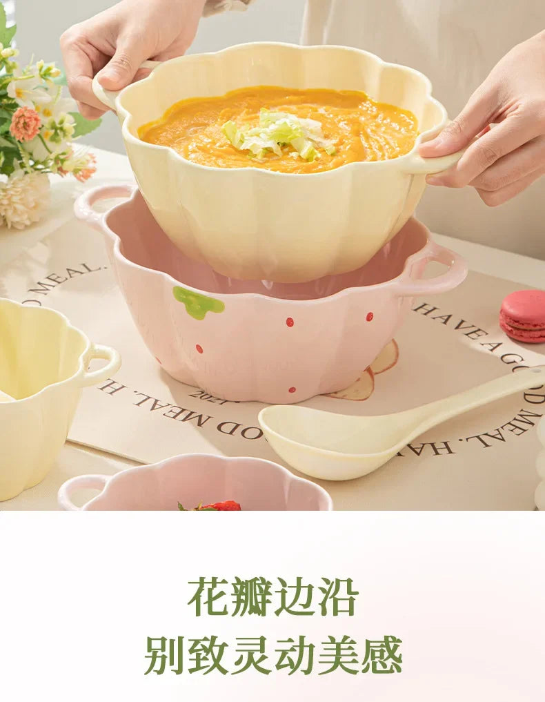 Strawberry Double Ear Ceramic Bowl,Cream 6.5-inch 9.5-inch Soup Bowl with Handle Home