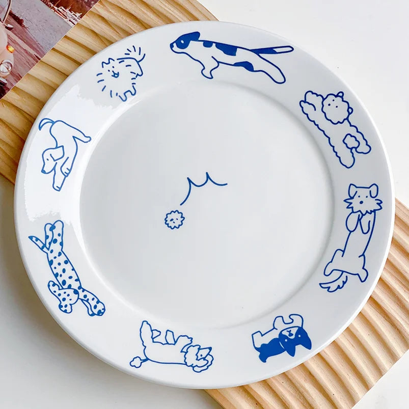 Cute Cat and Dog Ceramic Dessert Plate Cake Western Flat Plate Pasta Fruit Disc Dinner Set Plates and Dishes