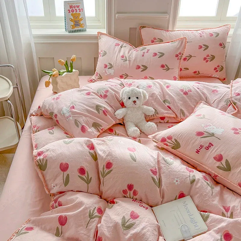 Tulip Double Layer Yarn Quilt Cover Bed Sheet Pillowcase Bedding Set Girls Duvet Cover Set No Filler