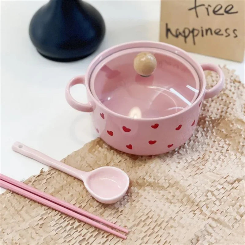 Pink Love Cutlery Set Rice Bowl Ceramic Double Ear Instant Noodle Soup Bowl Hand Paired Spoon Combination Noodle Bowl