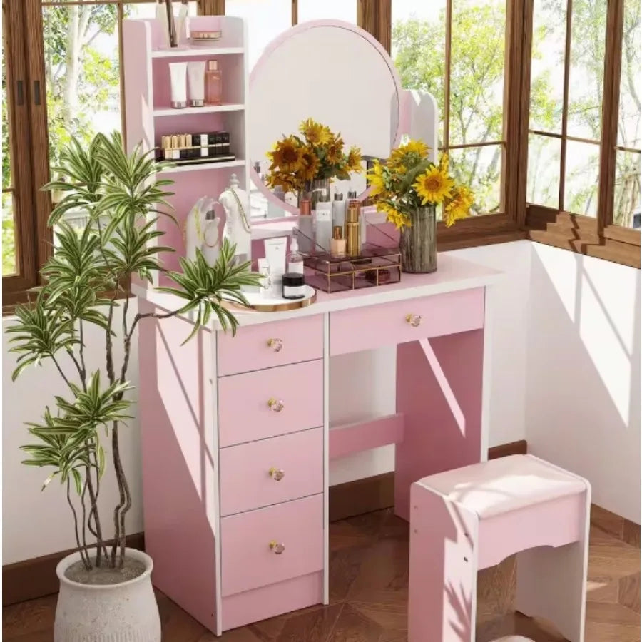 Pink 5-Drawers Makeup Vanity Dressing Table Set with Stool, Mirror and Storage Shelves Girls Dressing Table