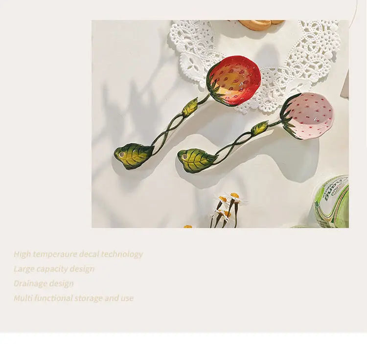 Strawberry Ceramic Spoon, Watermelon Panda Underglaze Household Cute Long Handle Children Eat Dessert Spoons Tableware