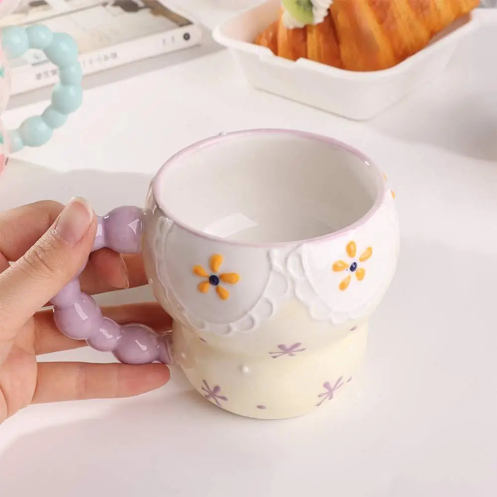 Cute Ceramic Breakfast Cup Hand Painted Large Capacity Floral Pattern Cup