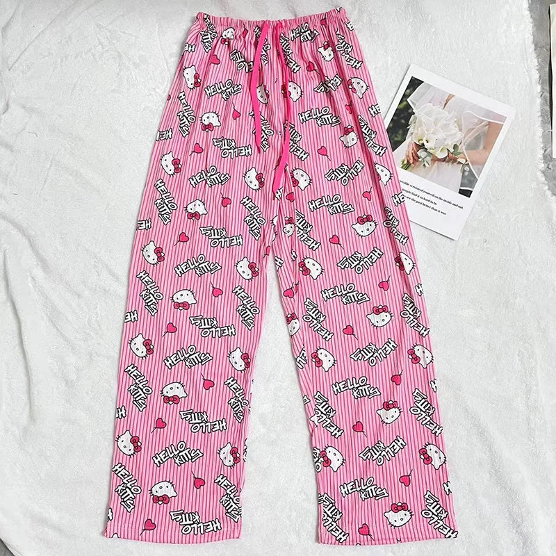 Hello Kitty Anime Y2k Kawaii Pajamas Women Loose Cartoon Casual Home Pants Trousers Girl Pajama Pants