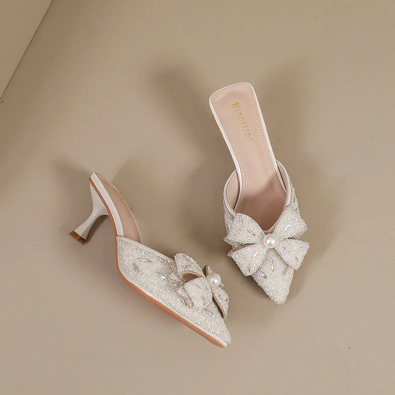 Ladies Glitter Low Butterfly-Knot Slippers Casual Jelly Thin Pointed Luxury Fashion Kitten Heels