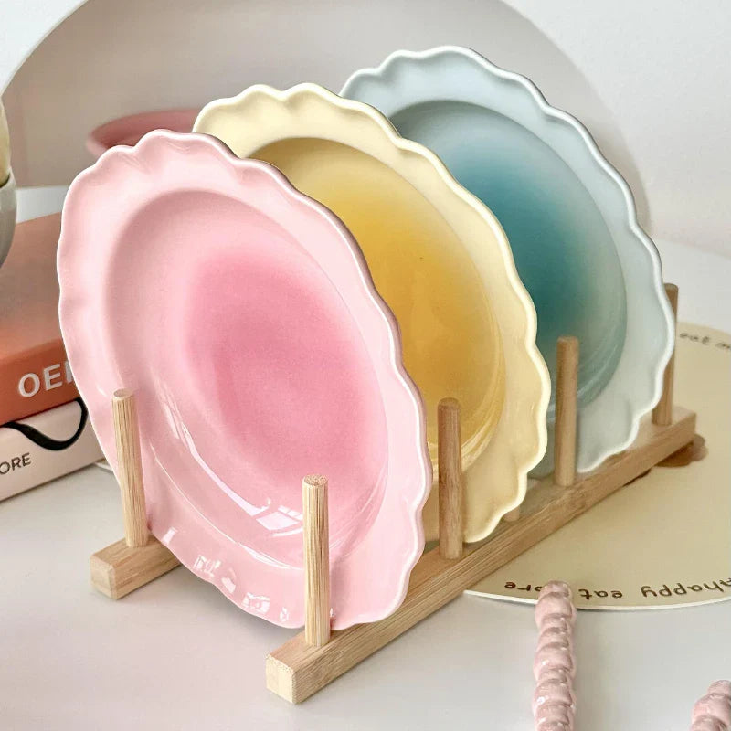 Cute Blush Gradient Plate Dessert Fruits and Vegetables Plate Yogurt Rice Bowl Underglaze Ceramic Tableware Set