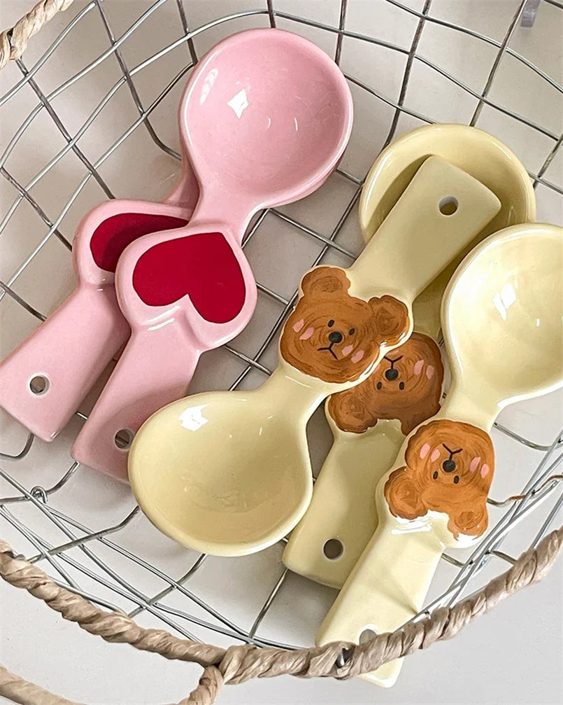 Ceramic Spoon Cute Heart Bear Cream Color