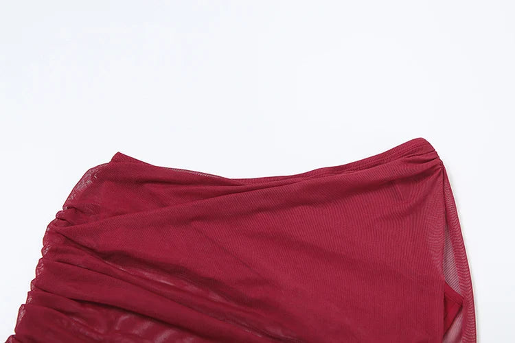 Irregular 2 Piece Set Women Double Deck Mesh Diagonal Collar Tank Top+Ruched Maxi Skirts Matching Outfit