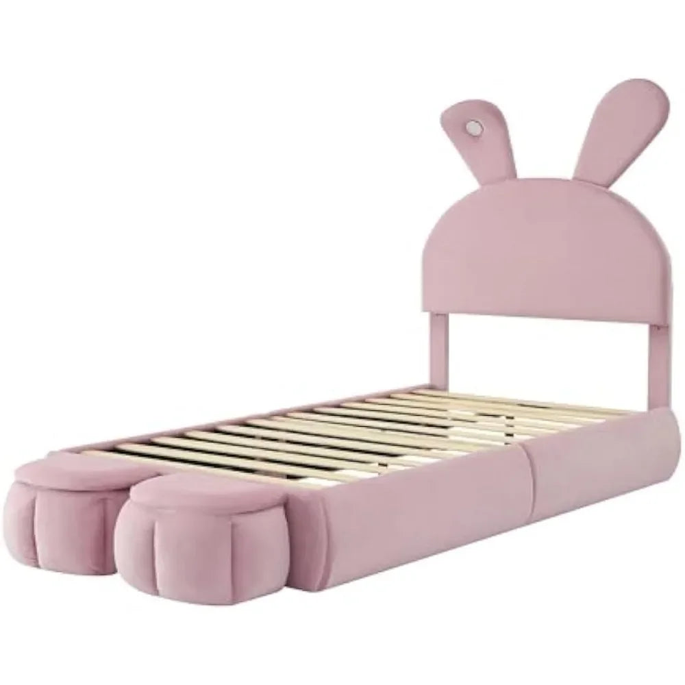Twin Size Upholstered Platform Bed with Cartoon Ears Shaped Headboard and Light, Princess Platform Bed for Girls/Kids