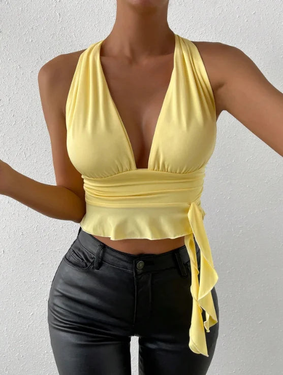 Women's Sexy Tight Fitting Deep V-neck Pleated Top Tight Fitting