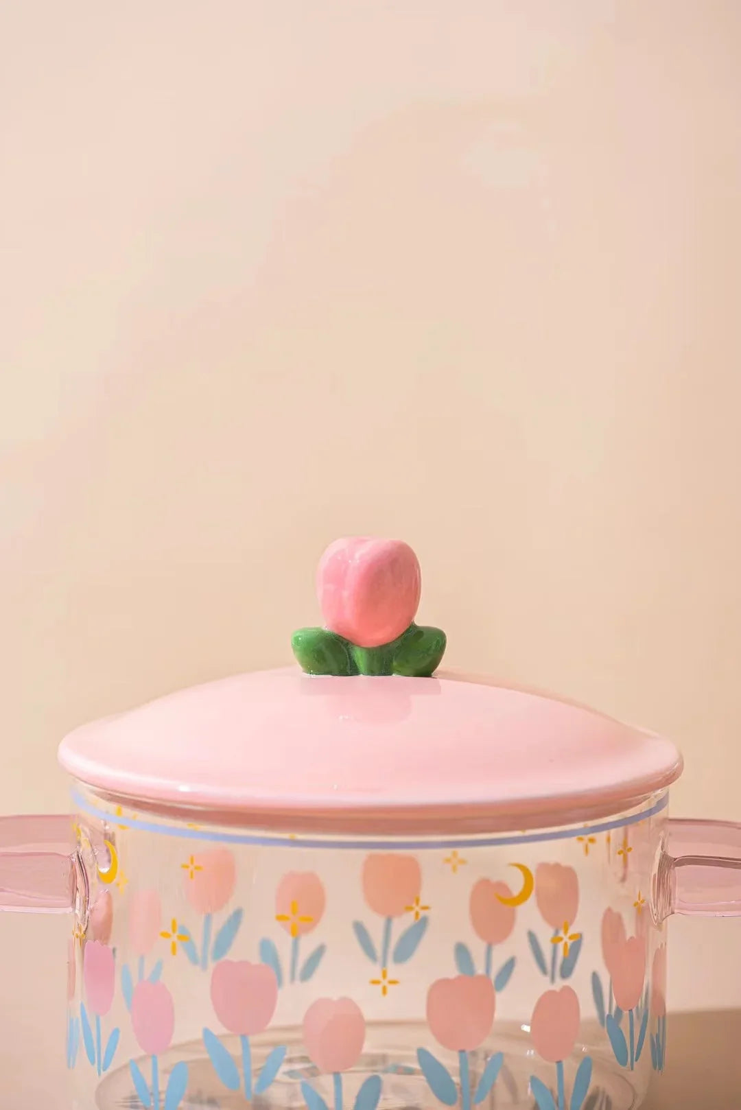 Pink Flower Instant Noodles Glass Pot Can Be Heated Soup Pot Double Ears Salad Bowl Covered with a Large Capacity Bowl