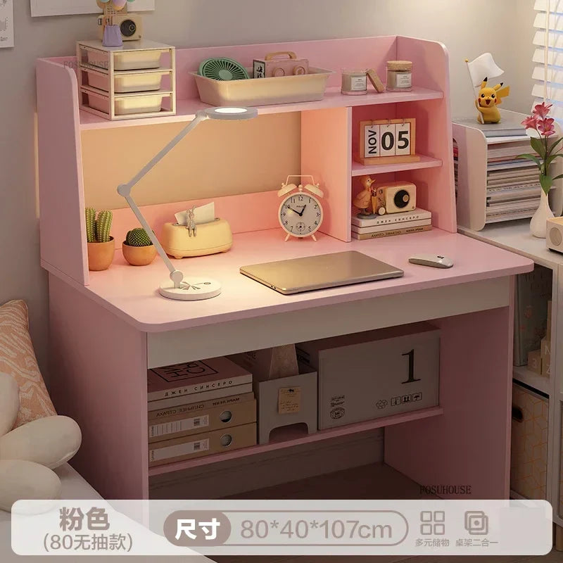 Girl Pink Bookshelf and Bookcase Integrated Study Desk with Storage Gaming Table Modern Office Furniture