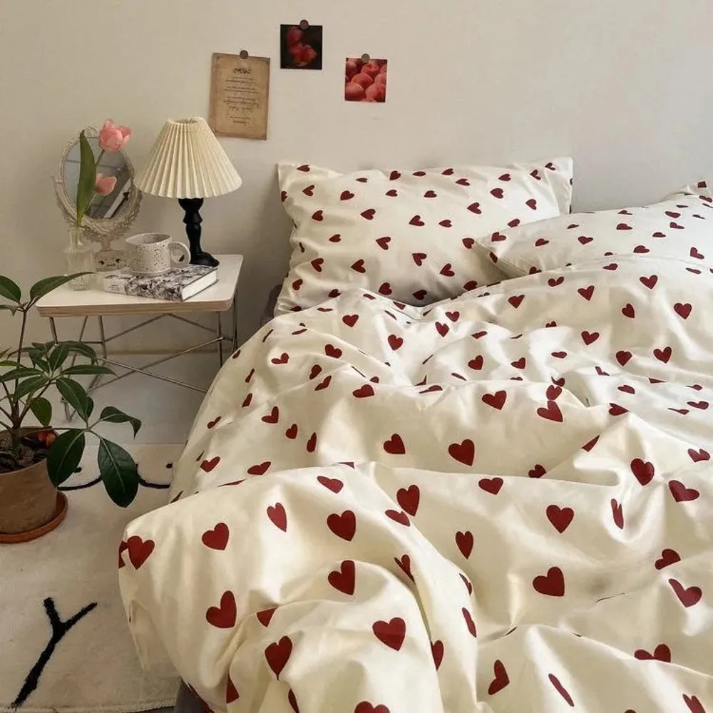 Romantic Cherry Heart Duvet Cover Set Flat Sheet Pillowcases Fashion New Twin Full Floral Bedding Set