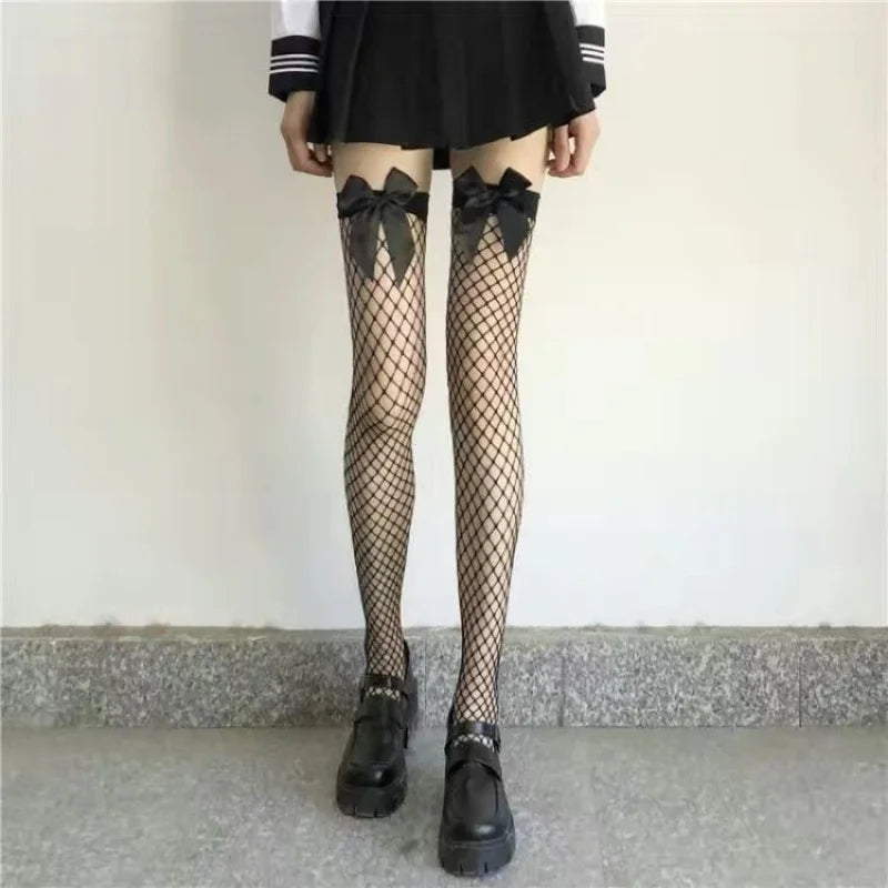 Fishnet Stockings Bow Tie Contrasting Color Women's Knee High Sexy Hollow Out Seductive Large Mesh Stocking