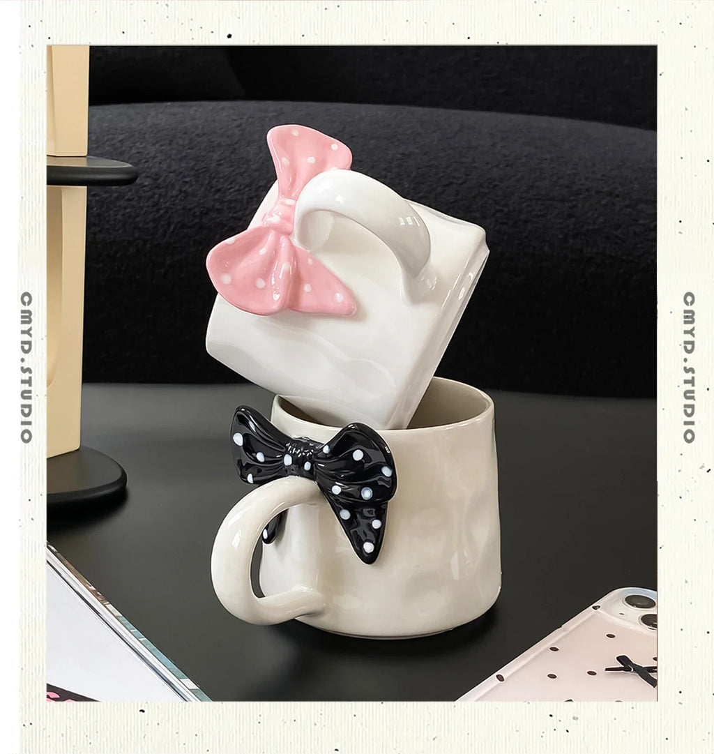 Polka Dot Creative Bow Handle Ceramic Mug