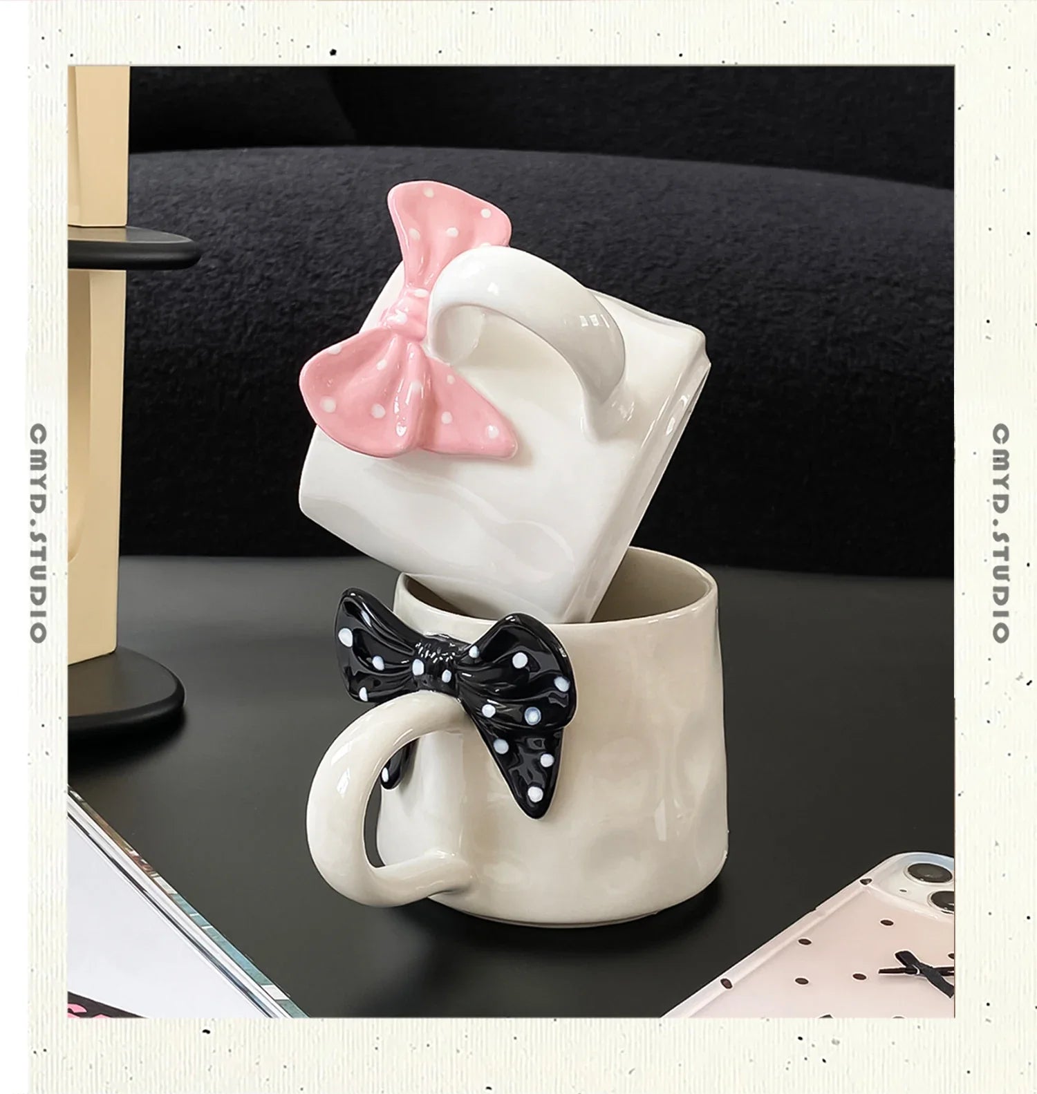 Polka Dot Creative Bow Handle Ceramic Mug