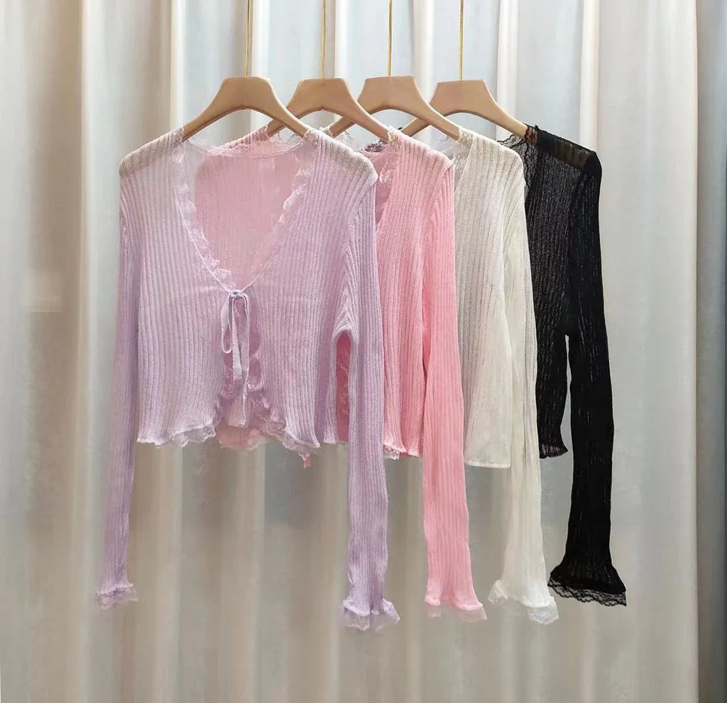 Lace Knitted Cardigans Long Sleeved Short Lace-Up Thin Shawl