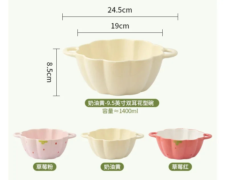 Strawberry Double Ear Ceramic Bowl,Cream 6.5-inch 9.5-inch Soup Bowl with Handle Home