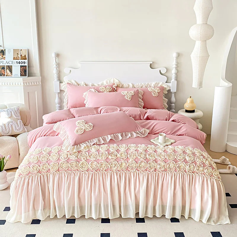 Soft Three-dimensional Flowers Embroidery Lace Ruffles Princess Bedding Set Duvet Cover With Pillowcases