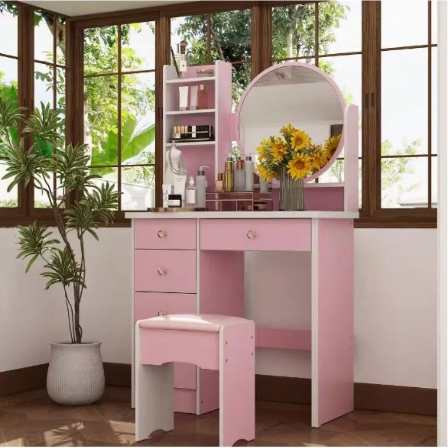 Pink 5-Drawers Makeup Vanity Dressing Table Set with Stool, Mirror and Storage Shelves Girls Dressing Table