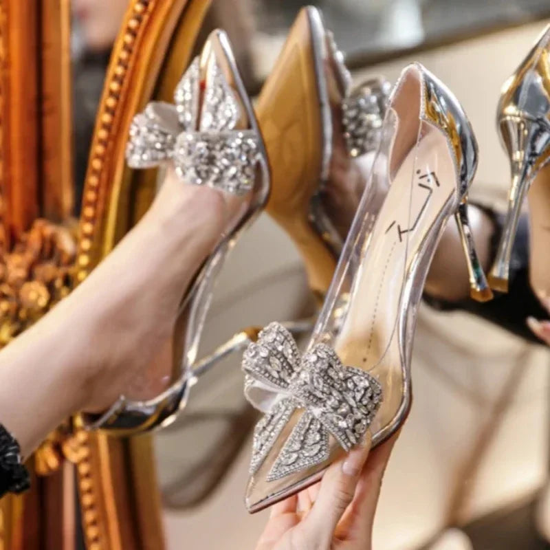 New Transparent High Heels Pointed Diamond Decorated Bow Fashion Sexy Banquet Stiletto Women's Shoes