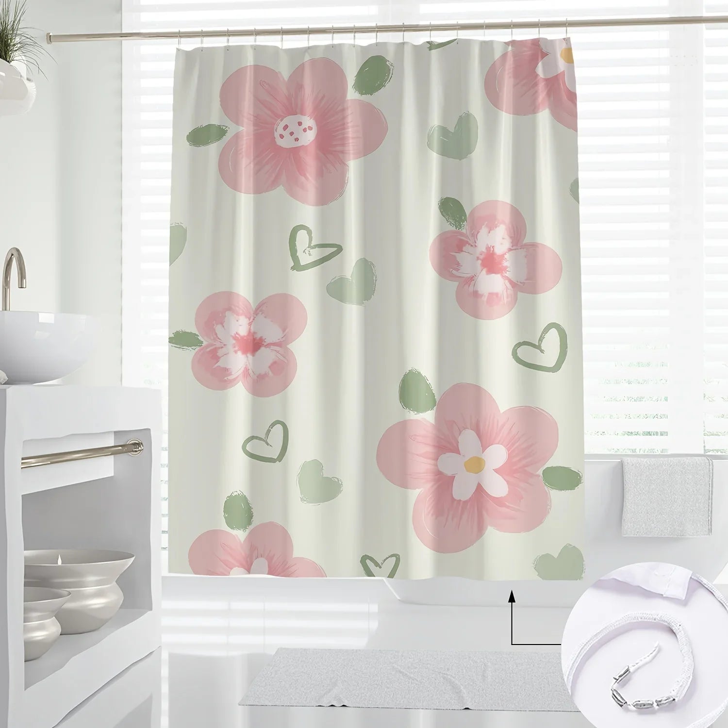 Pink Floral and Heart Print High Quality Shower Curtain - Cute and Stylish Bathroom Decor with Hooks, Polyester Fabric