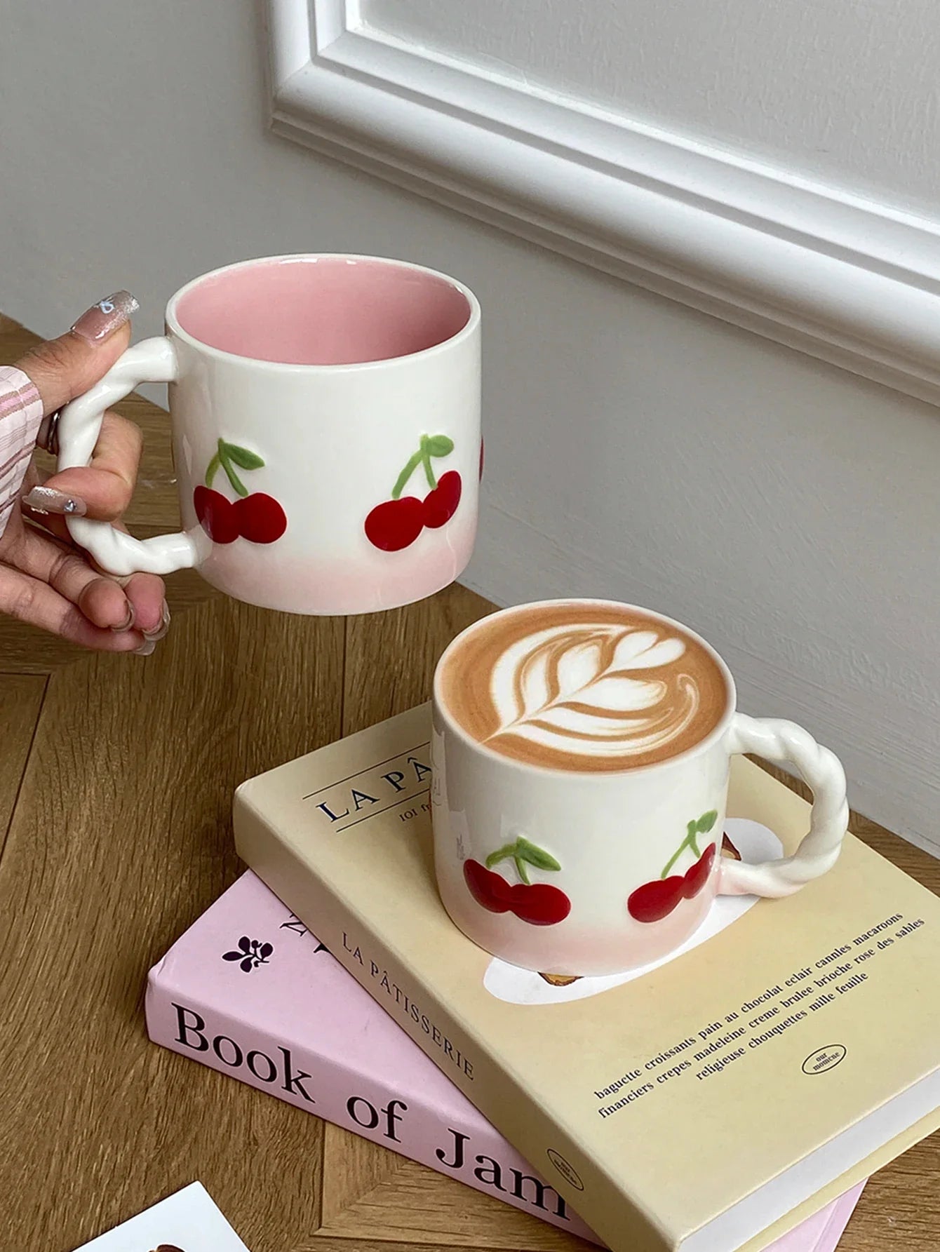 Pink Cherry Ceramic Mug, Twist Handle Ceramic Exquisite Pink Gradient Cup