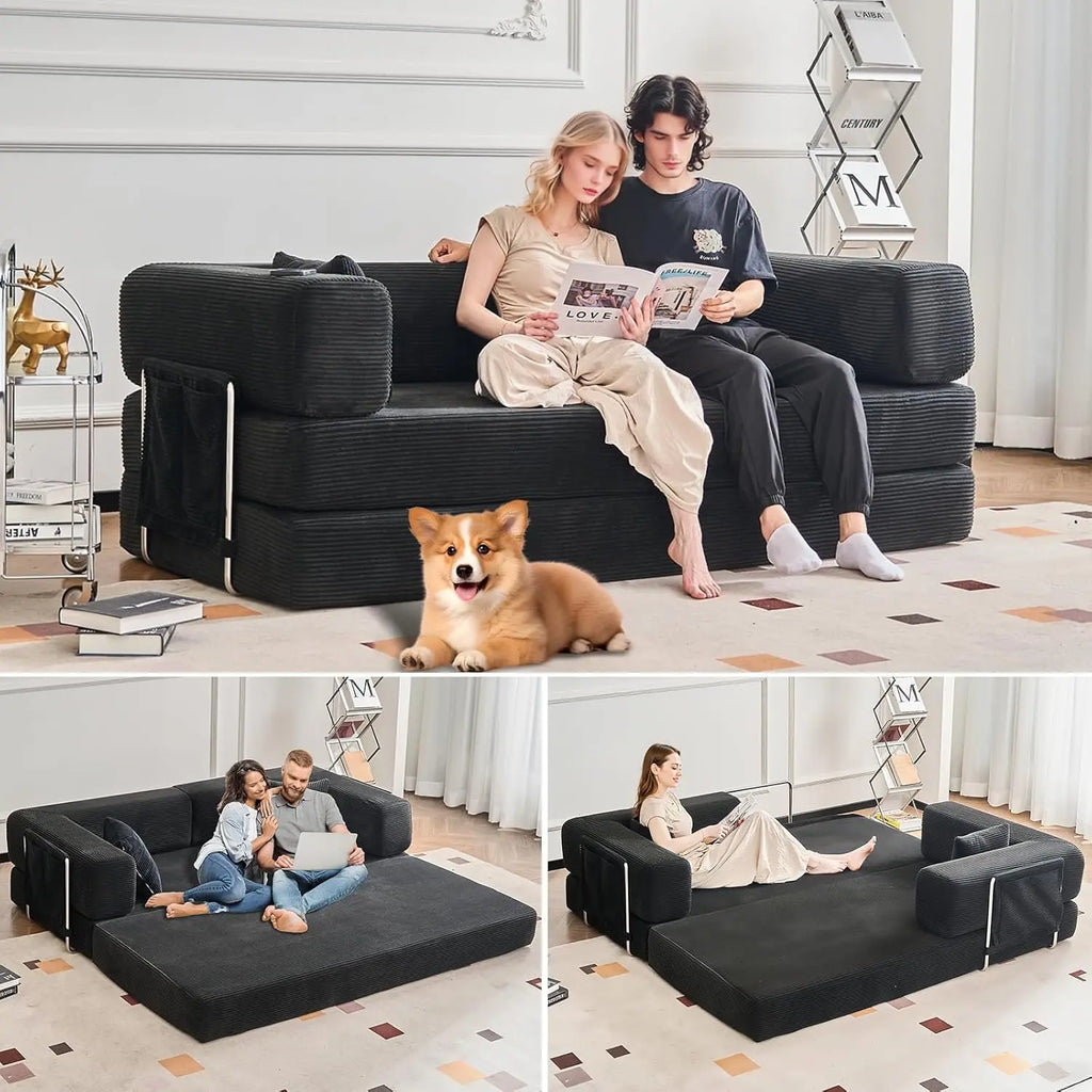 Combination Modular Sofa Living Room Folding Sofa Bed Convertable Corduroy Couch Floor Sleeper 4-in-1 Comfy Foldable Lazy
