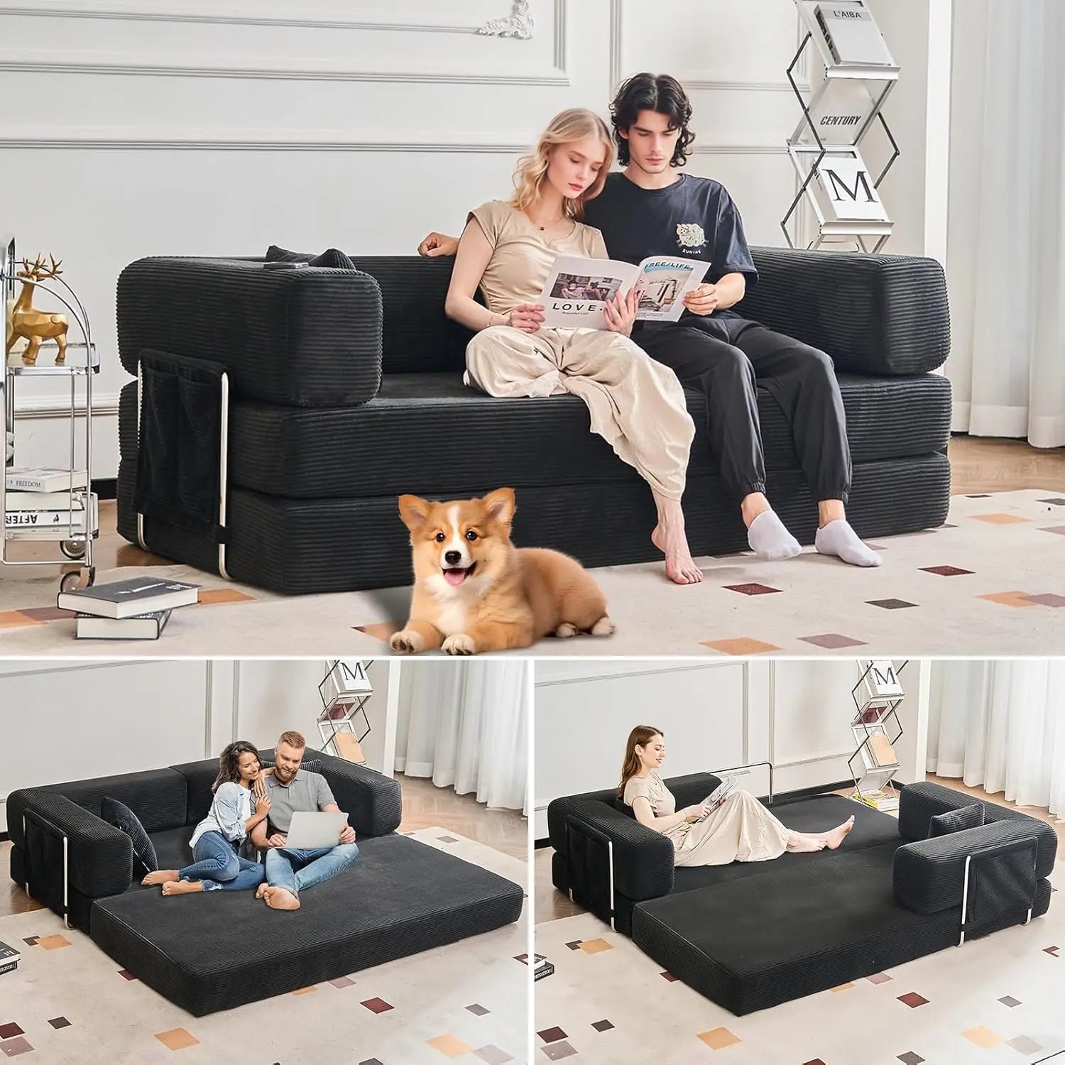 Combination Modular Sofa Living Room Folding Sofa Bed Convertable Corduroy Couch Floor Sleeper 4-in-1 Comfy Foldable Lazy