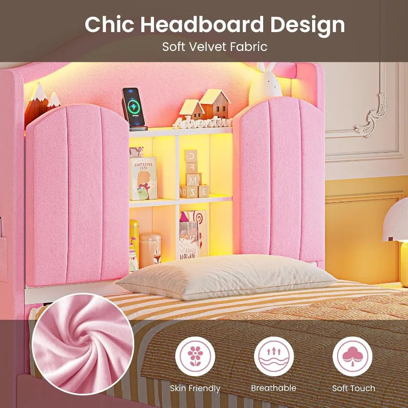 Pink Twin Bed Frame with LED Lights, Princess Velvet Upholstered Platform Bed , Headboard with Charging Station & Hidden Storage