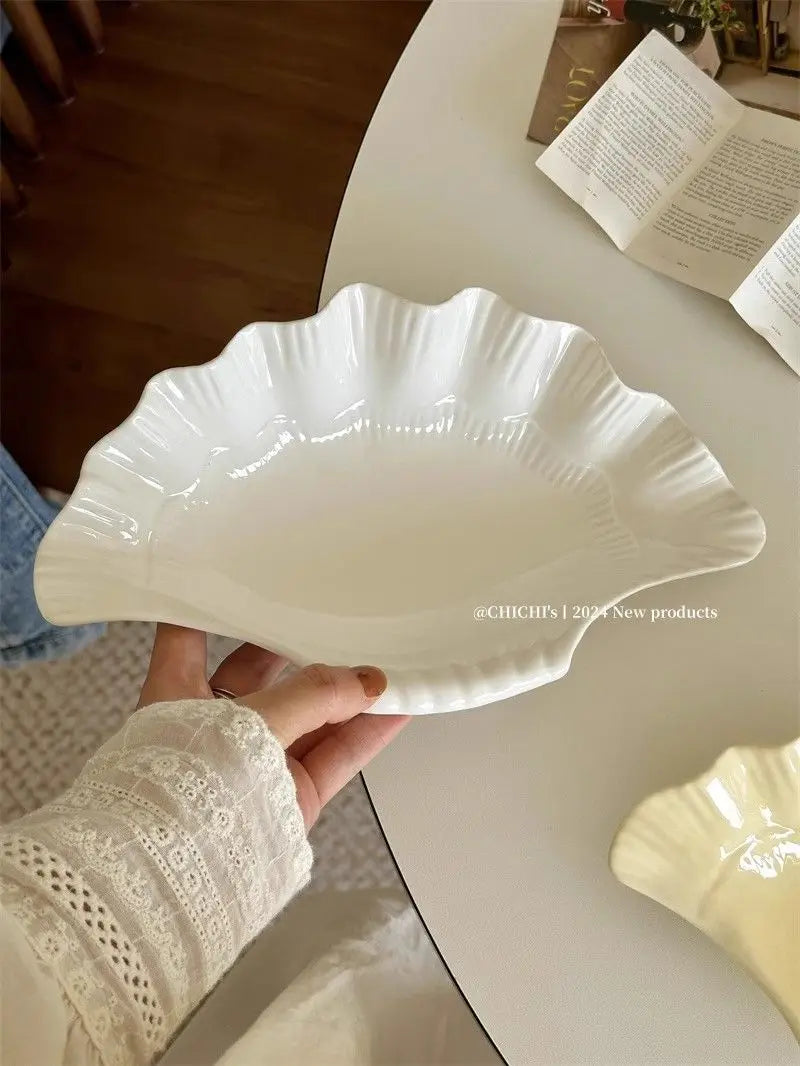 French Vintage Relief Ceramic Big Shell Shaped Dish