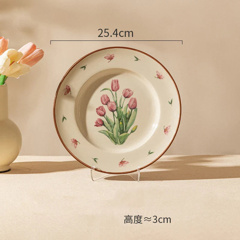 Retro Tulips Flower Ceramic Light Luxury Exquisite Dessert Plate