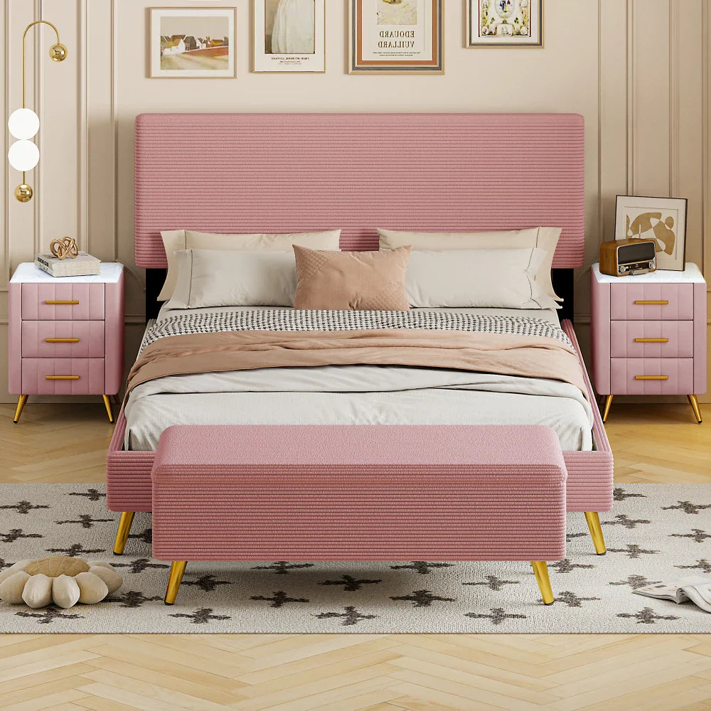Pink 2 Pieces Bedroom Sets Queen Size Upholstered Bed Frame, Modern Corduroy Storage Ottoman