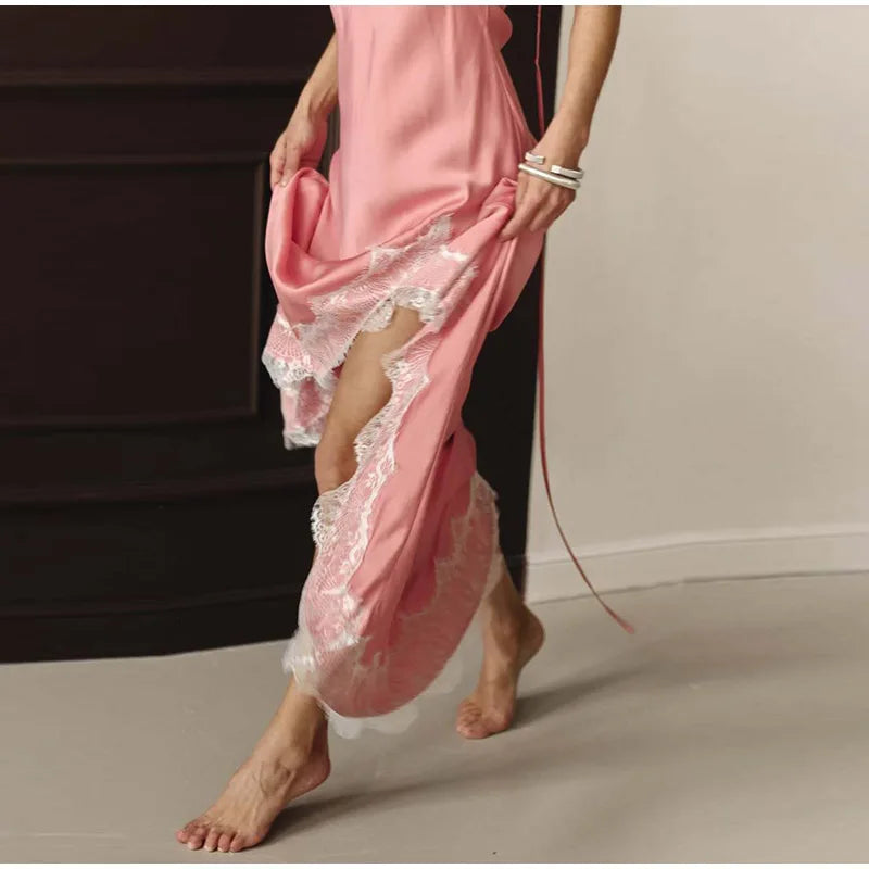 Sexy Lace Patchwork Satin Sling Long Slim V-neck Sleeveless Backless Maxi Dress