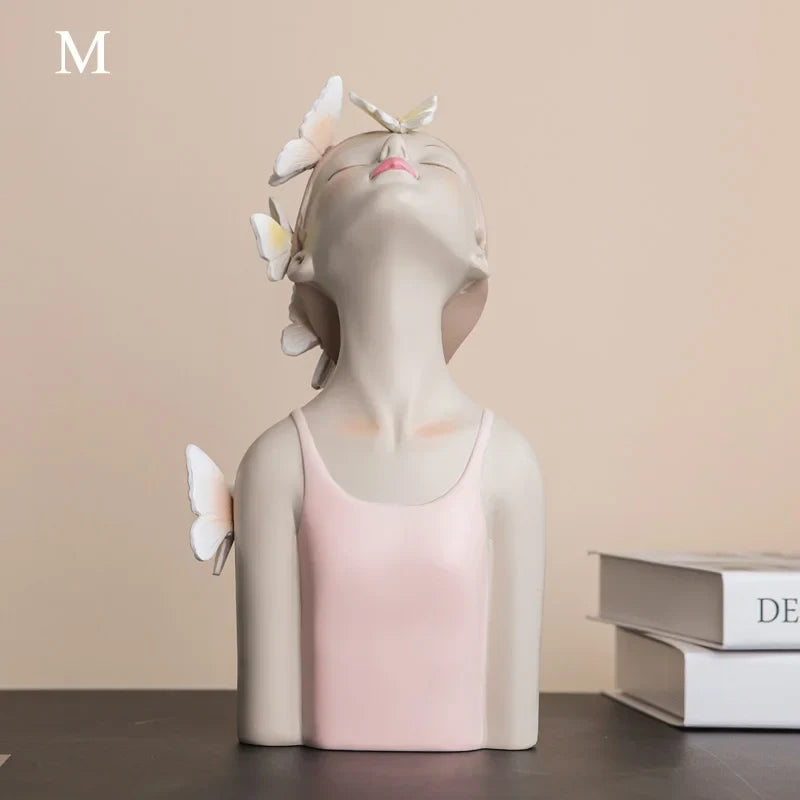 Pink Girl Butterfly Fairy Figurines, Resin Tabletop Statues, Creative Girl Bust With Butterflies, Home Decor Craft