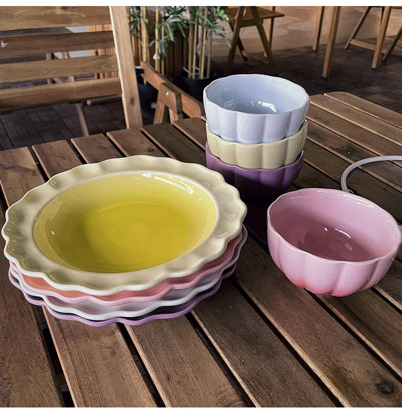 French Style Ceramic Plate Gradient Floral Shape Porcelain Dinnerware