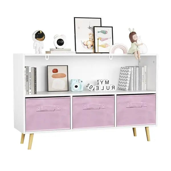 Kids Bookcase with Collapsible Fabric Drawers, Children's Book Display, Toy Storage Cabinet Organizer, White/Pink