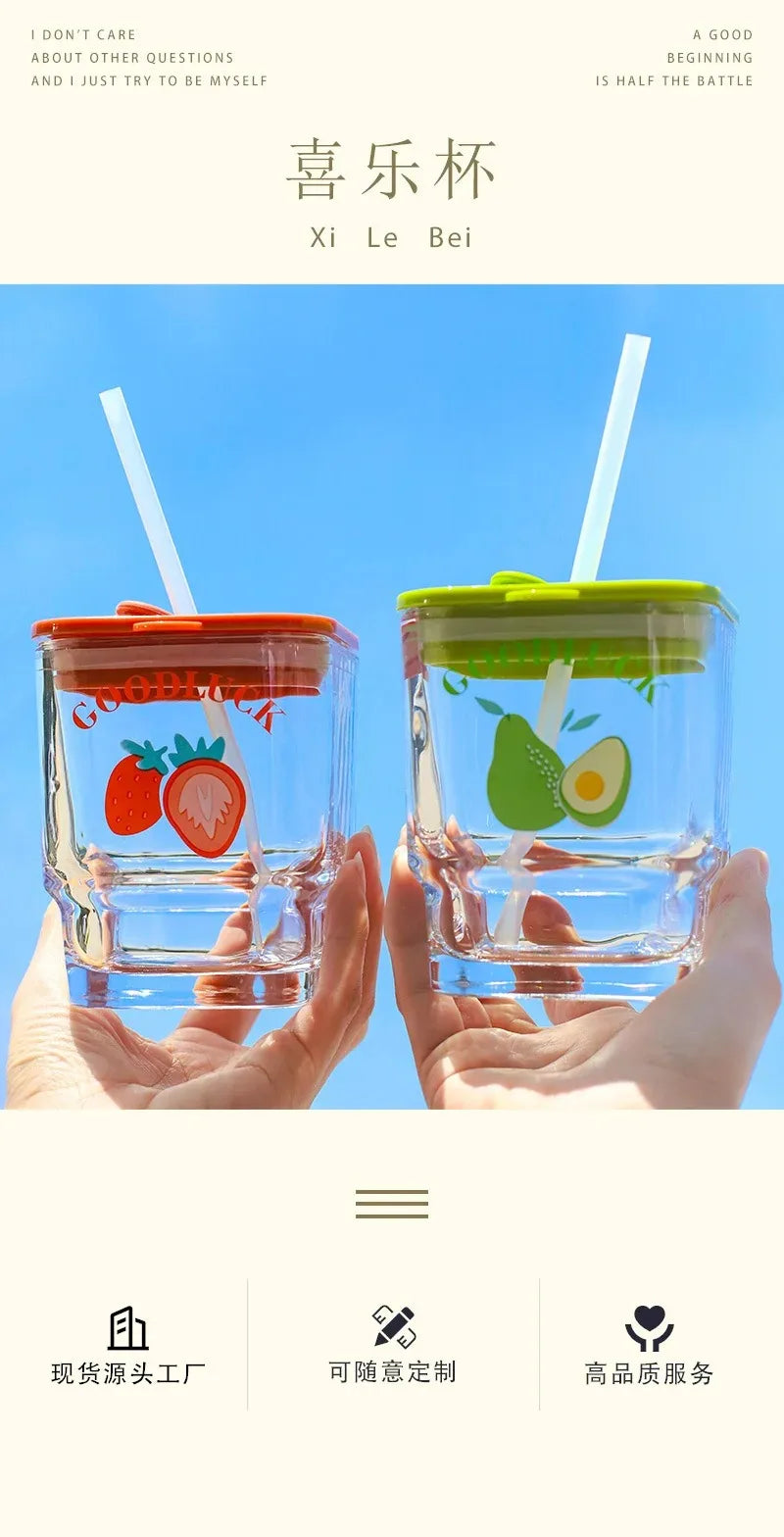 Glass Square Cup Large Capacity with Lid Cup with Straw Mug Cup