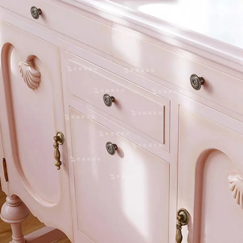 French Solid Wood Pink Studio Makeup Table with Mirror