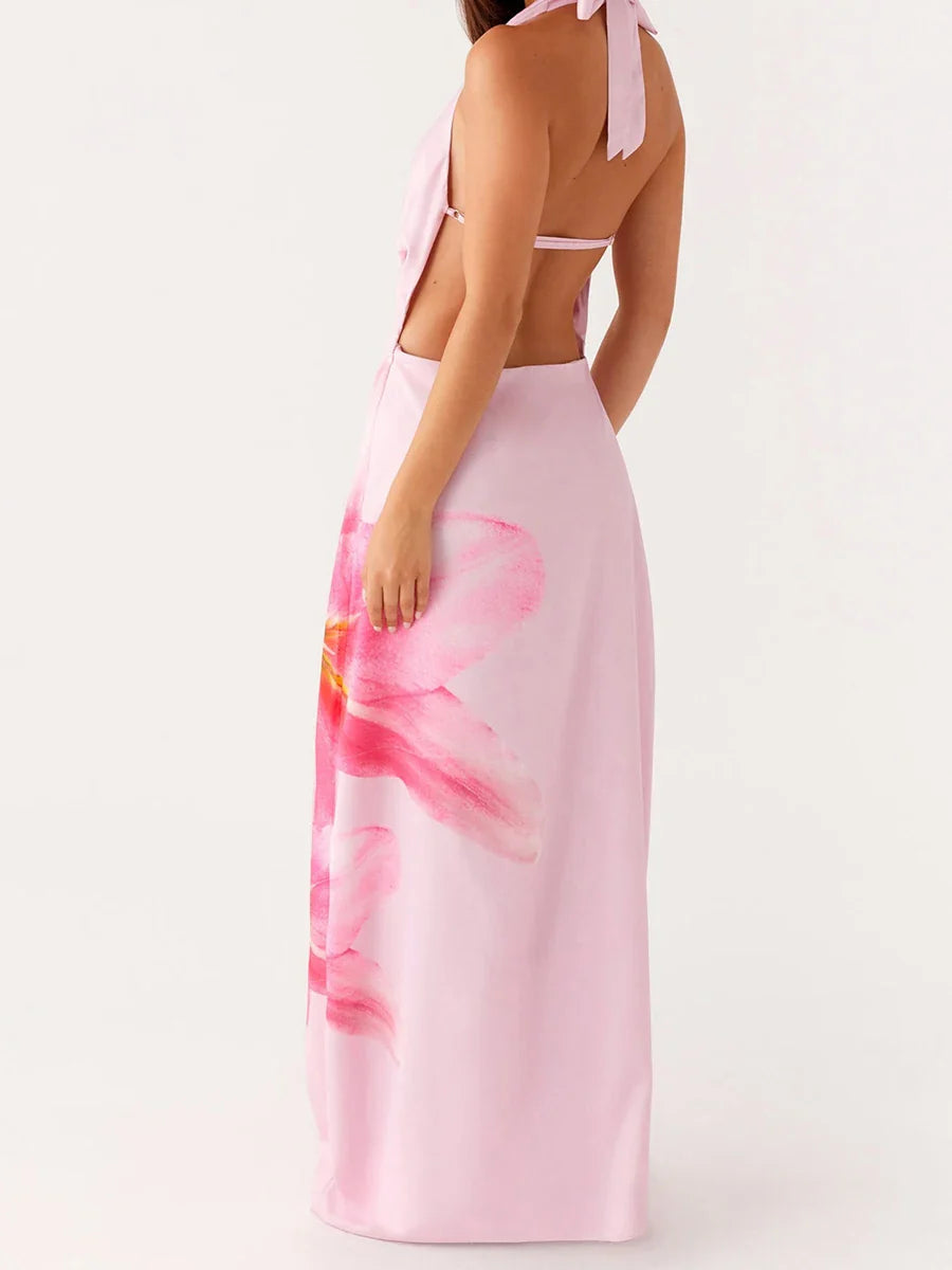 Summer Elegant Floral Print Sleeveless Halterneck Maxi Dress with Open Back