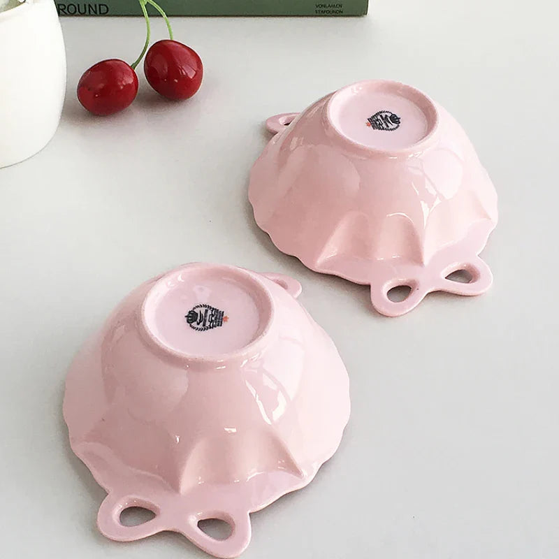 Porcelain Bowl Cute Hollow Out Bow Relief Solid Color Ceramic Dinnerware