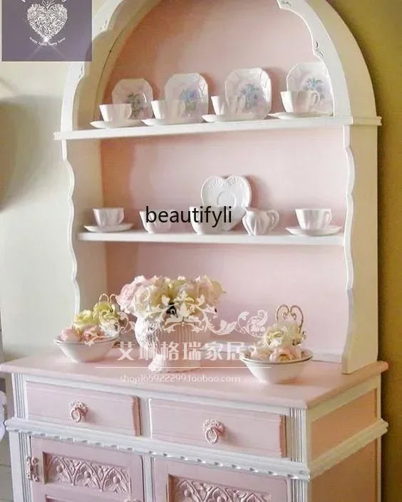 French Solid Wood Carving Flower Bookcase Dining Side Pink Princess Cabinet