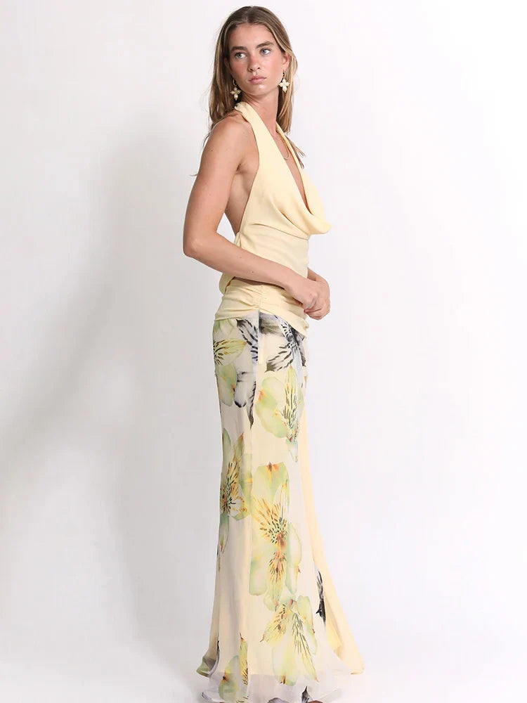 Women 3 Piece Set Stack Trend Halter Tops+Split Tassel Tassel+Flowers Mesh Skirts Matching Set