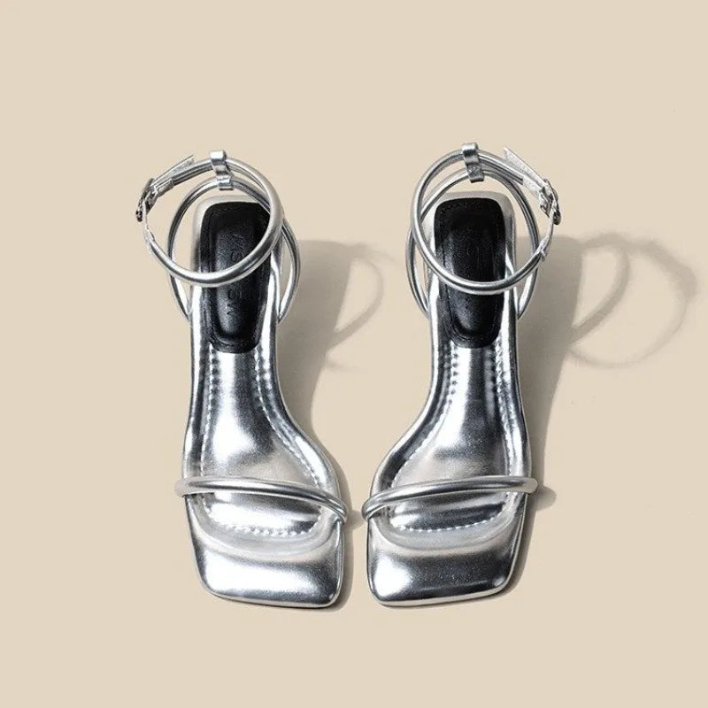 Women's High Heel Sandals Square Toe Thin Heels One-length Strip Open Toe Sandals
