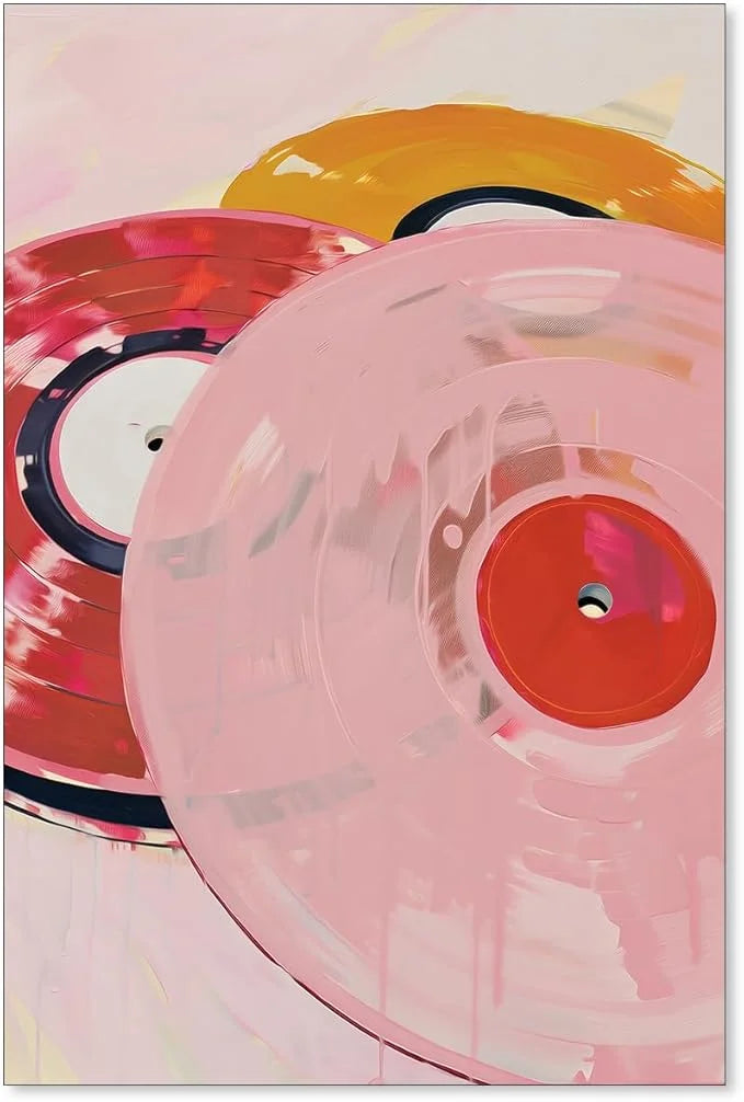 Retro Vinyl Rotation Art - Pink Record Disc Trio Frameless Decorative Painting for Music Lover's Wall