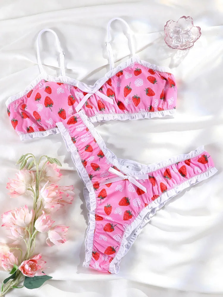 Fruit Ruffle Two Piece Suit Print Low Waist Women Swimwear