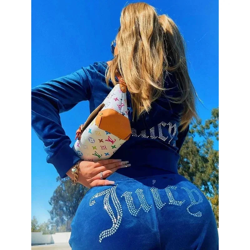 Two Piece Set Diamonds Hoodie Crop Jacket And Joggers Pants Outfits Streetwear Jogging Suits Juicy Corture Tracksuit