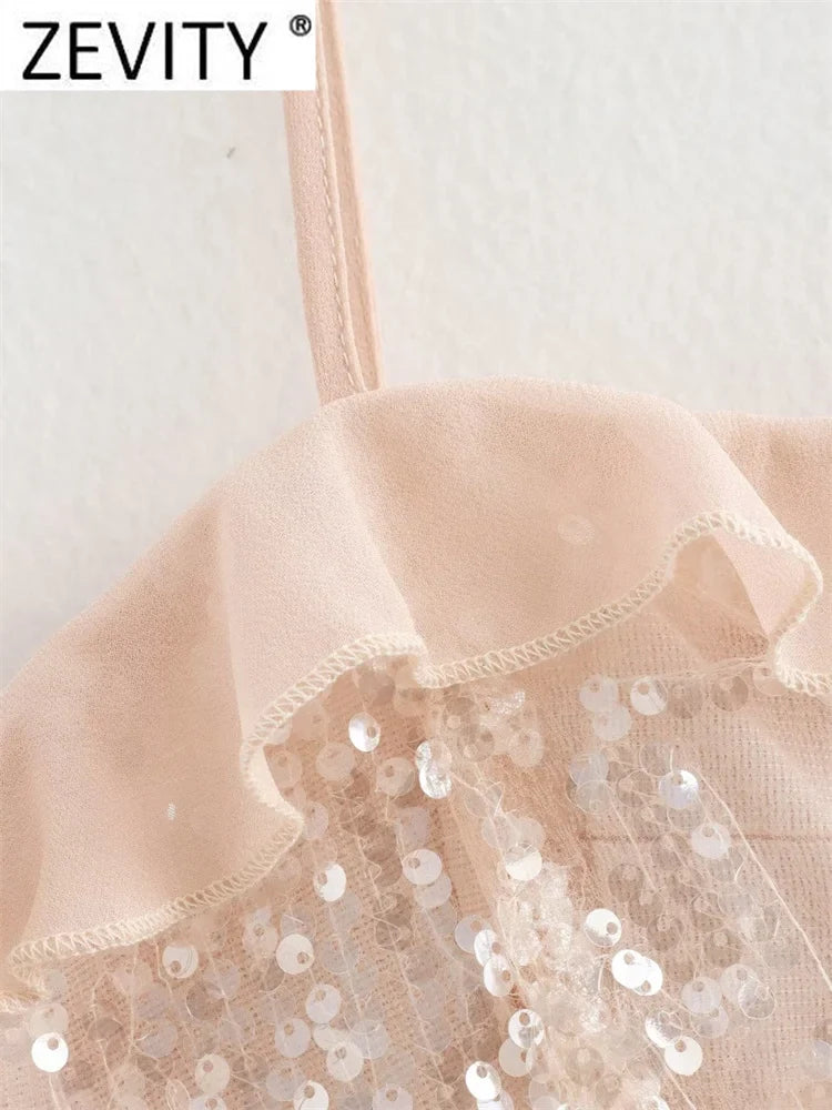Women Chic Pleat Ruffles Sequined Design Chiffon Sling Camis Tank Lady Backless Short Crop Shirt Blouse Tops